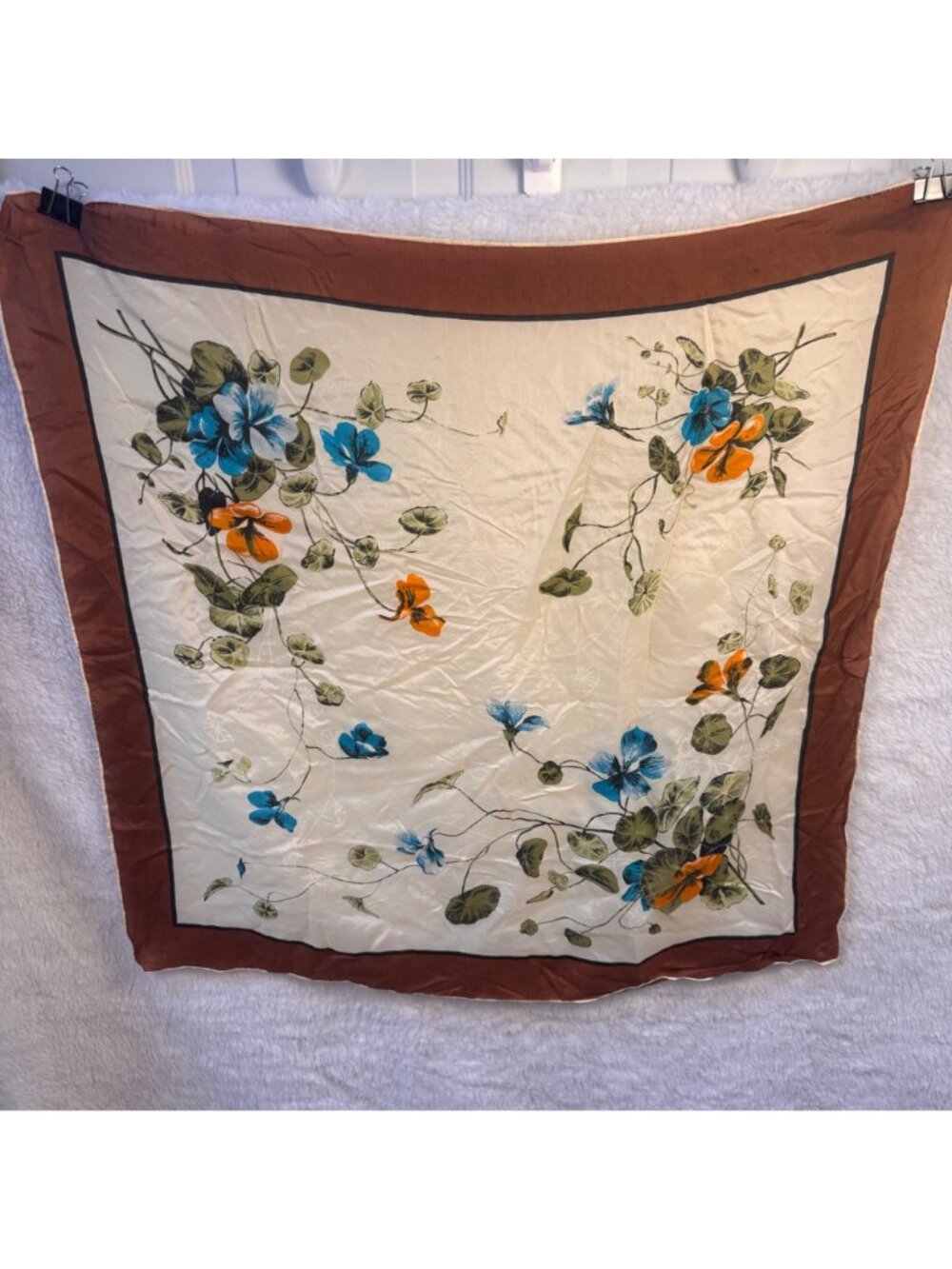 Vintage Floral cream Silk Scarf With Brown Border, Blue and Orange Flowers chic - Picture 3 of 5
